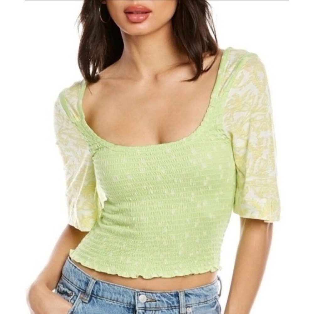 Free People Marigold Tee Medium Key Lime Green Cotton Blend Smocked Vibrant Boho